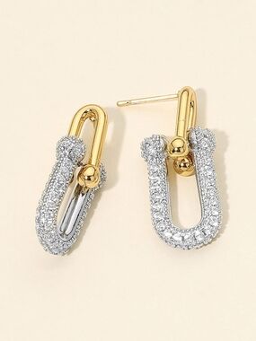 Gold Stainless Industrial Chain Link CZ Dangle Drop Earrings 1.1 Inch Jewelry